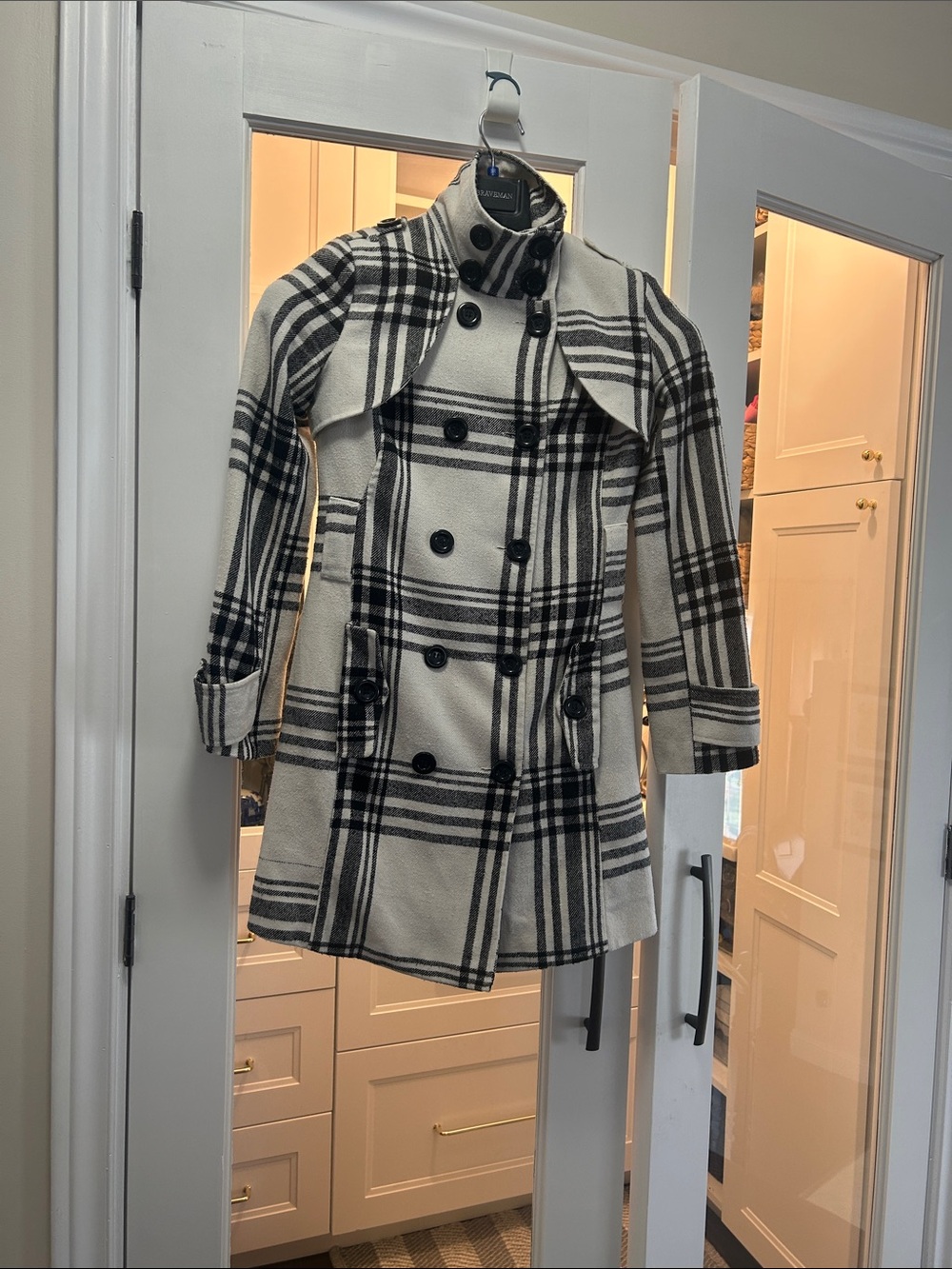 Womens Black & Cream Plaid Double-Breasted Coat wool blend
